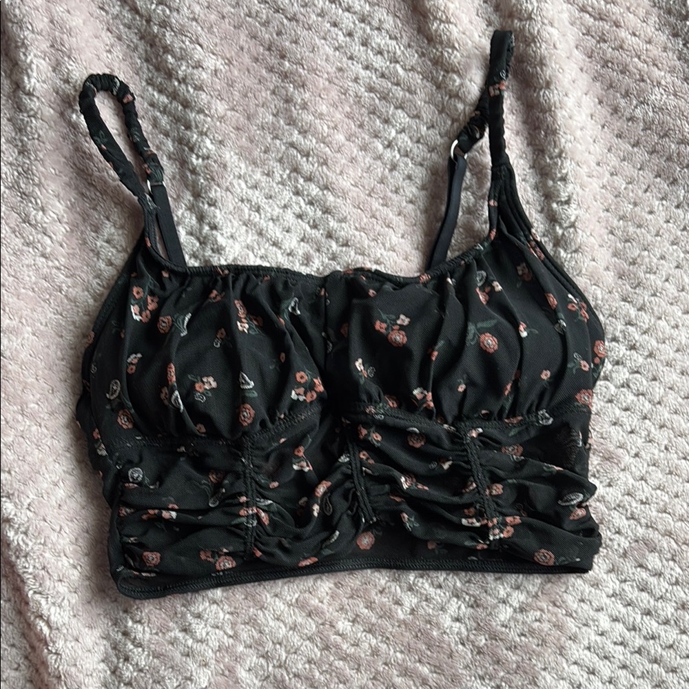 Floral Ruched Black Crop Top